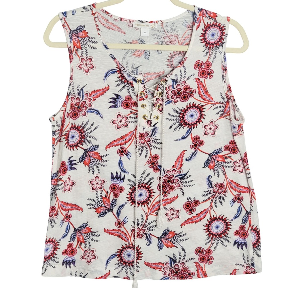 Westport 1962 Tank Top Medium Ivory Floral Lace Up Sleeveless Patriotic Coastal